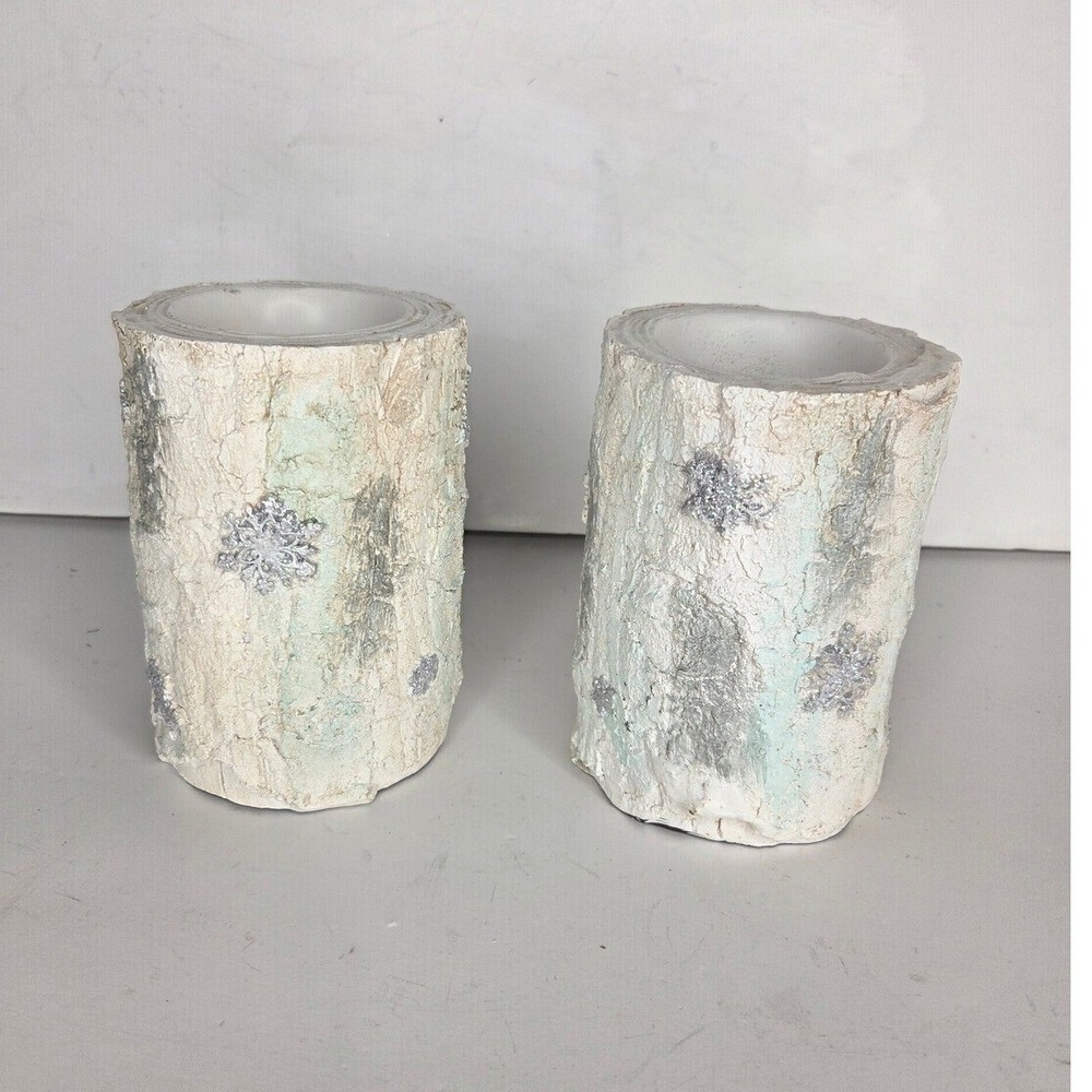 Celebrate It Christmas Noel Winter Frost Snowflake Birch Wood Log Candle Holders
